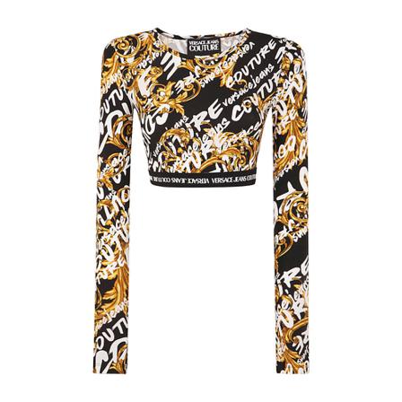 Versace Jeans Couture T Shirt Lycra Print Brush Couture Cropped TOP Sort, Dame