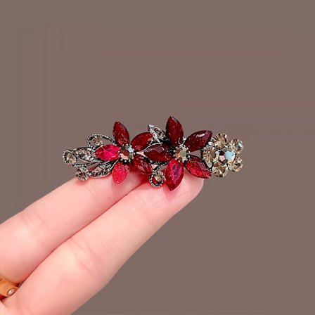 Nyttårs rødt hårtilbehør krystall high-end rhinestone blomst hårspenne for kvinner pannelugg sideklipp ny andnebb hårnål