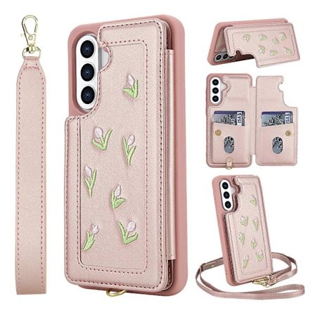 Etui til Samsung Galaxy A35 5G Broderte tulipaner PU-skinn Kortholder Bakdeksel med skulderstropp Håndleddsstropp Rosa