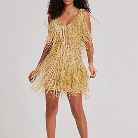 Cocktailkjole for kvinner med dyp V-hals, frynser overalt, spaghettistropper, cocktail- og festkjole (M gull)