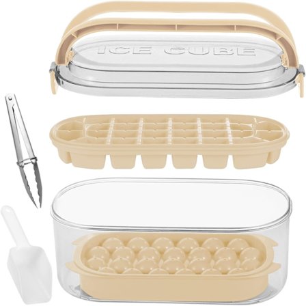 Isterningbakke med låg og opbevaring, 2 lag isterningforme runde og firkantede isterninger, med skjult håndtag, med isterningtang og -skuffe