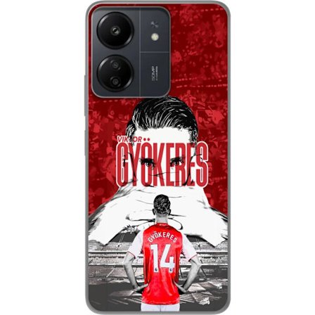 Yhteensopiva Puhelinkuori Xiaomi Redmi 13C Punainen dramaattinen kollaasikuva, jossa esiintyy Viktor Gyökeresin muotokuva ja pelaajia takaapäin areena