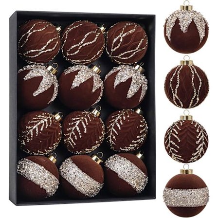 12 st Julkulor Flockad diamant (Brun)