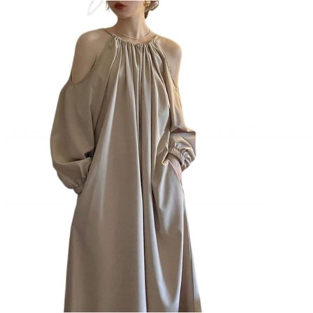 Lang kjole mini swing plisseret A-linje løs kjole (Khaki L)