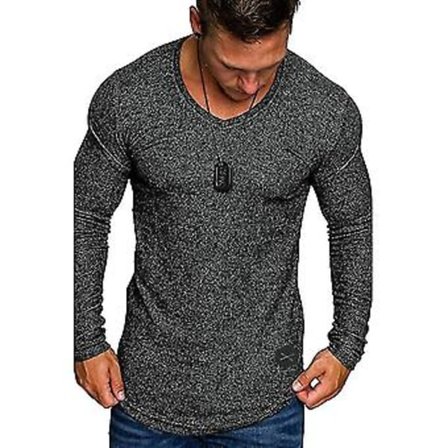 Langermet T-skjorte for menn, slim fit, V-hals, muskel (M Svart)