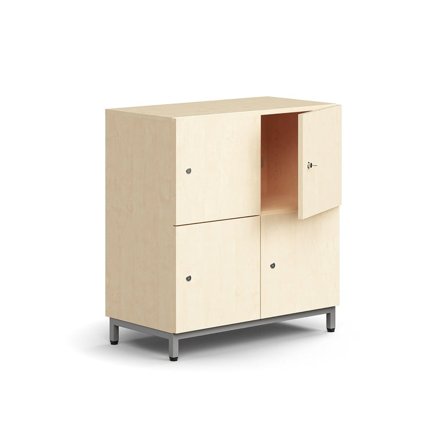 Abschließbare Aufbewahrungseinheit QBUS, 4 Fächer, Beingestell, 868x800x420 mm, silber, Birke