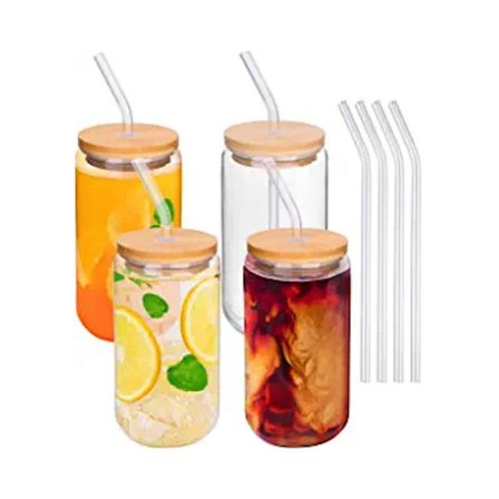 Glass med sugerør - 16oz drikkeglasssett med 4 - Glass kaffekopp med sugerør - Søt