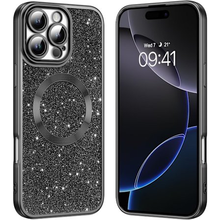 För iPhone 16 Pro Mobilskal, Kompatibelt med MagSafe Stöttåligt och Halkfritt Dam Pro 6.3 Tum Glitter/Svart