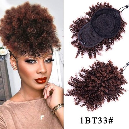 Leeons Curly Bangs Dragsko hästsvans med lugg Kinky Curly Chignon med lugg Hög puff hästsvans Syntetisk hårförlängning