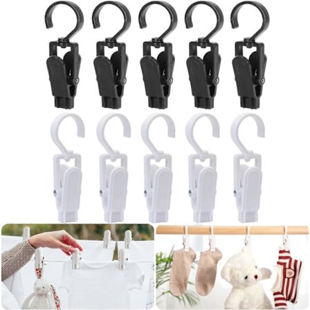 10 Stykker Bærbare Klesvaskkroker, Hengende Klesvaskkroker Klips Plast Klesvaskkroker Klips med 360 Roterbar Henger For Klær Gardin Badehåndkle