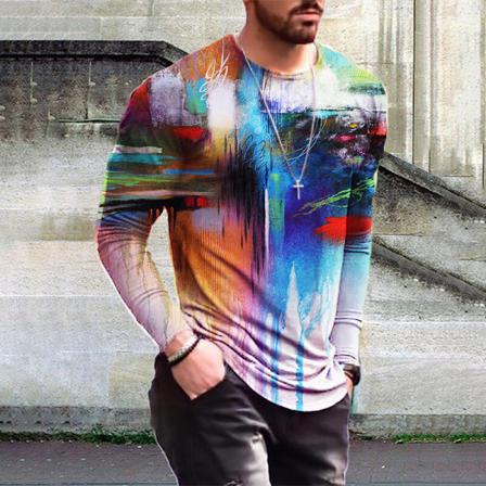 Män Långärmad Basic Tee Tie Dye Crew Neck Color Block Tops