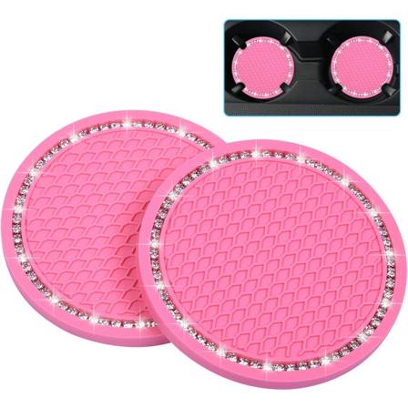 Bling bilunderlag, 2-pak PVC-bilkrus-holder Auto-indsatsunderlag - Anti-slip Universal køretøjsindretning Girly Biltilbehør (2,75" Diameter) Rosa"