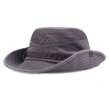 Mænd Bomuld Broderi Hat Udendørs Solbeskyttelse Bred Skygge Foldbar Boonie Bucket Hat(Grå)