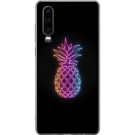 Kompatibelt Mobilskal till Huawei Huawei P30 Neonillustration av ananas i färgglatt ljus mot svart bakgrund
