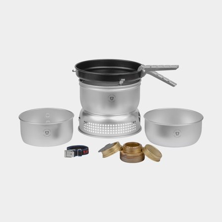 Cocina de alcohol / cocina de tormenta Trangia 25 Large, 1000 W + 2 ollas y cortavientos en aluminio UL / UltraLight + 1 sartén NS / Non Stick-teflón 