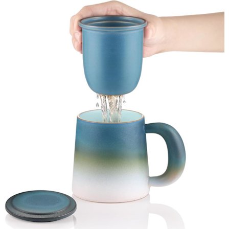 Teinfusjonskrus med sil og lokk, 420 ml (full kapasitet) Keramisk kopp Stor tekopp med rustfritt stål te sil for løs te, blå og hvit