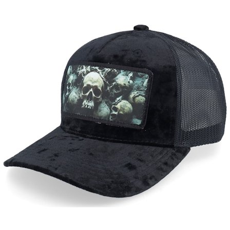 Scenes - Skulls Horror Velvet Black/Black A-frame Trucker Trucker Black Cap - @ Hatstore