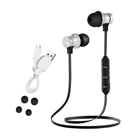 Magnetiska trådlösa Bluetooth-hörlurar Handsfree Sport Headset Stereo Hörlurar med mikrofon Silver