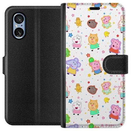 Kompatibelt Lommeboketui til Sony Xperia 5 V Fargerike tegneserie dyrekarakterer i en leken stil med stjerner og prikker på en lys bakgrunn