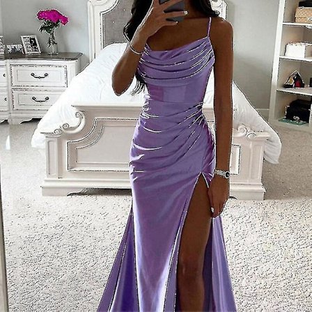 Kvinner Lange Maxikjoler Cowl Neck Aftenkjole Ermeløs Satengkjole Fest Casual Lys Lilla