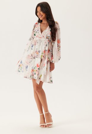 Goddiva - Floral Long Sleeve Tiered Skater Dress - XXS (UK6)