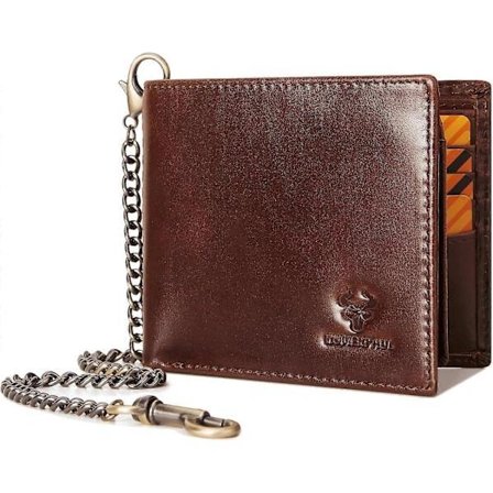 Wallet with Chain for Men, Genuine Leather, RFID Protection, Bifold Wallet with ID Window and Card Slots, Brown