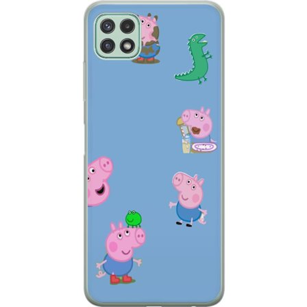 Kompatibelt Mobildeksel til Samsung Galaxy A22 5G Peppa Pig ansiktsmønster på lys blå bakgrunn, gjentatt leken barndommotiv med Greta Gris