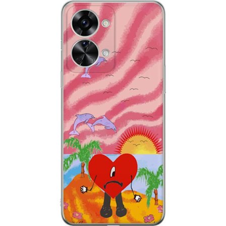 Kompatibelt Mobildeksel til OnePlus Nord 2T Bad Bunny i en fargerik quiltet jakke med hjertemønster og solbriller i moderne gatestil