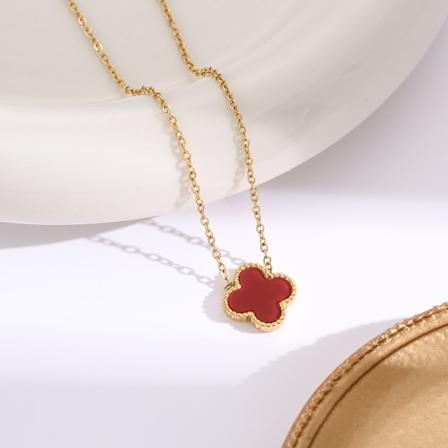 18k guldpläterad rostfritt Lucky Clover Armband, Halsband, Örhängen, Dubbelsidig färg Röd Halsband