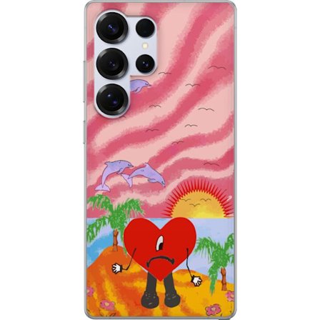 Kompatibelt Mobildeksel til Samsung Galaxy S25 Ultra Bad Bunny i en fargerik quiltet jakke med hjertemønster og solbriller i moderne gatestil