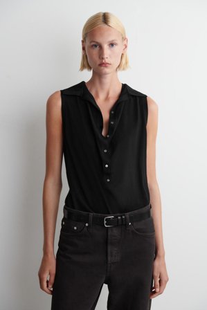 COS Women's Ärmlös Pikétröja I Siden & Bomull in Svart