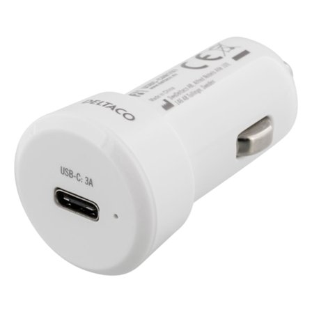 Billaddare med USB-C, 10-30V input, 5V 3A 15W output, USB-C hona, vit