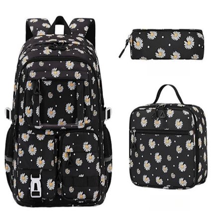 Skolerygsæk til piger, 3-delt sæt med madkasse og Kawaii Design_TF_TF Sort