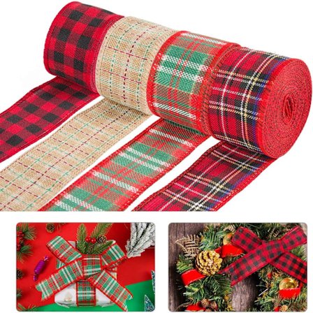4 stk røde juleburlapbåndruller Buffalo Plaid Wired Edge We