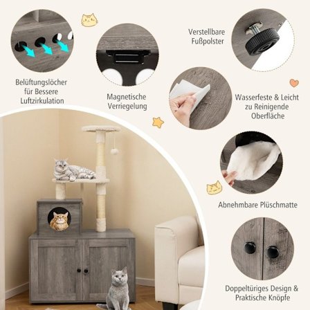 Katteskab med kradsestolpe til kattebakke, grå