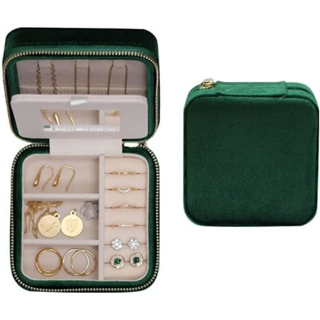 Resesmyckeskrin Organizer Sammets Case Med Spegelring Örhängen Halsband Organizer (skogsgrön)
