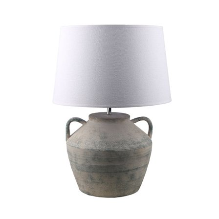 Keramisk bordlampe, grå fod, hvid hørskærm
