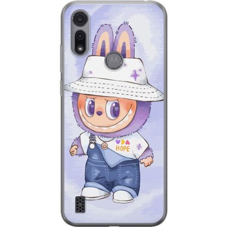 Kompatibelt Mobilskal till Motorola Moto E6i Tecknad lila kaninfigur med hatt och hängselbyxor, stora ögon och lekfull barnillustration i mild paste