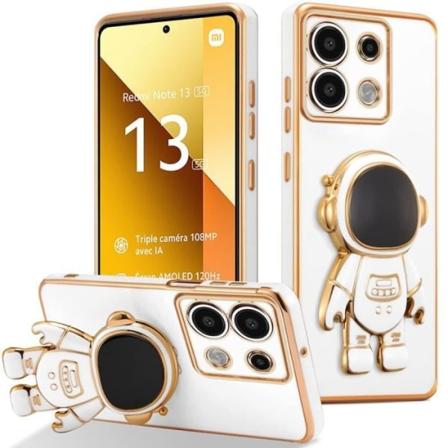 Etui til Xiaomi Redmi Note 13 5G (ikke til 4G), stødsikker elektrobelagt silikone med 3D Astronaut Holder - Hvid