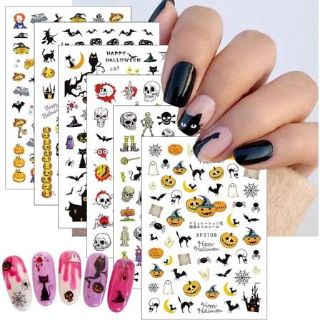 12 Ark Halloween Negledekaler, 3D Selvklebende Dekaler med Gresskar, Flaggermus, Spøkelse og Spindelvev