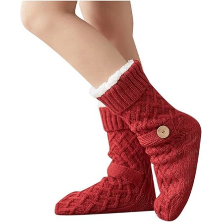 -BIT Dame Tøffelsokker med Grips, Varme Kabelstrikkede Sokker for Kvinner, Sklisikre Tøffelsokker med Koselig Fleecefôr for Vinteren