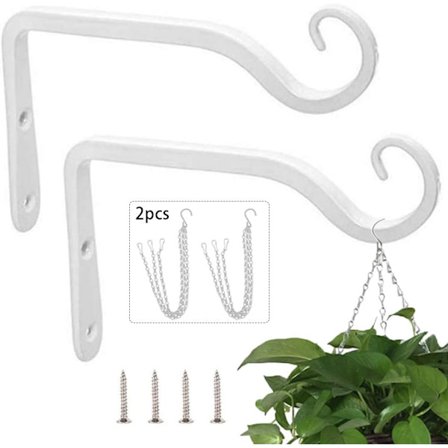 Hvidt sæt med 2 tinplade vægkroge med 2 hængekæder til planter