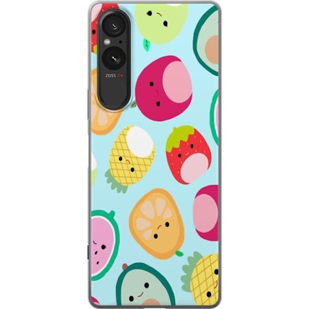 Kompatibel Mobilcover til Sony Xperia 5 V Mønster af kawaii frugter som jordbær citron ananas og avocado på lyseblå baggrund