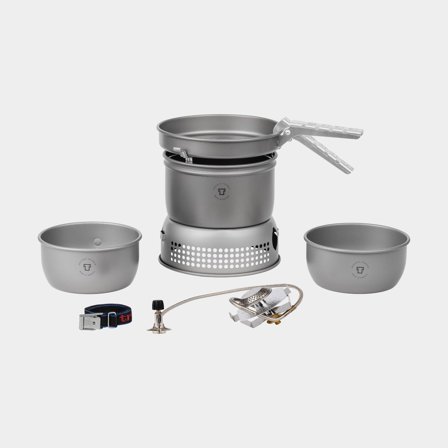 Cocina portátil de gas / cocina de tormenta Trangia 27 Small, 2100 W + 2 ollas, 1 sartén y cortavientos en aluminio HA / hard anodizado + pinza + 