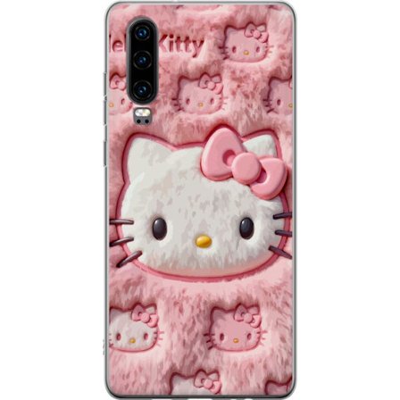 Yhteensopiva Puhelinkuori Huawei P30 Hello Kitty vaaleanpunainen pörröinen tausta, jossa on ikoninen kasvot ja kawaii-esteettisyys