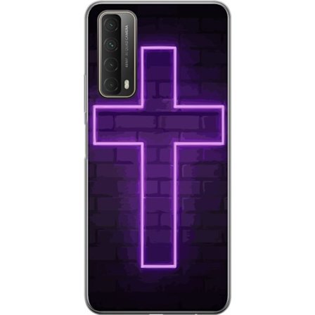 Yhteensopiva Puhelinkuori Huawei Huawei P smart 2021 Neonristi purppuranvalossa tummaa tiiliseinää vasten, symbolinen motiivi vahvalla hohto moderni