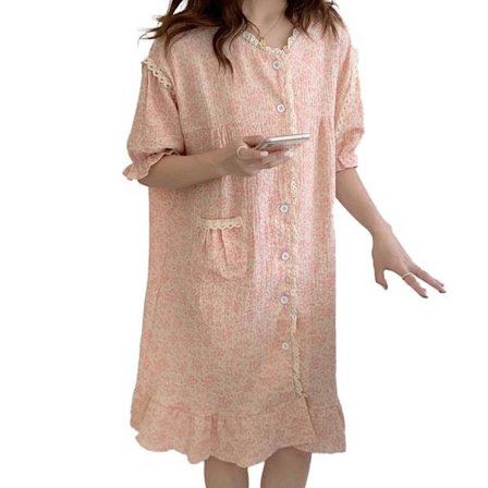 Japansk spetsblommig bomullsgas nattlinne dam sommar kortärmad kofta lös pyjamas hemmakläder