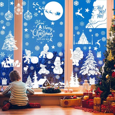 Jouluikkunatarrat Itseliimautuvat, 9 Arkkia Jouluikkunakuvia, Kaksisivuinen PVC Joulukoriste Ikkunaan Joulupukki, Joulupeura