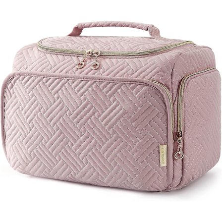 Toalettväska, stor researrangör med bred öppning, sminkväska med handtag, rosa