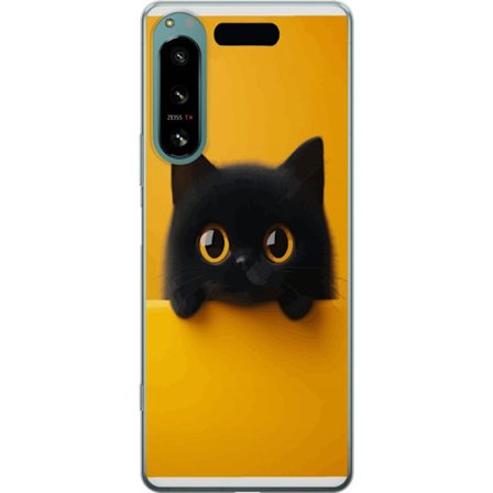 Kompatibelt Mobilskal till Sony Sony Xperia 5 IV Svart katt sticker upp över gul kant - ren och modern illustration med stora ögon, lekfullt uttryck